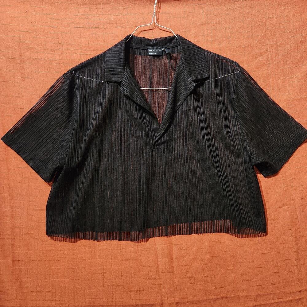 Asos Womens Sz M Blouse Black Textured Collared Layer Mesh Sheer Cropped Shirt